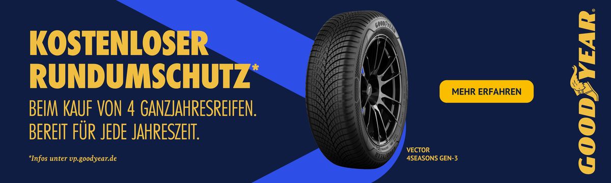 Hinweis auf eine Goodyear Aktion: "Kostenloser Rundumschutz beim Kauf 4 Ganzjahresreifen."